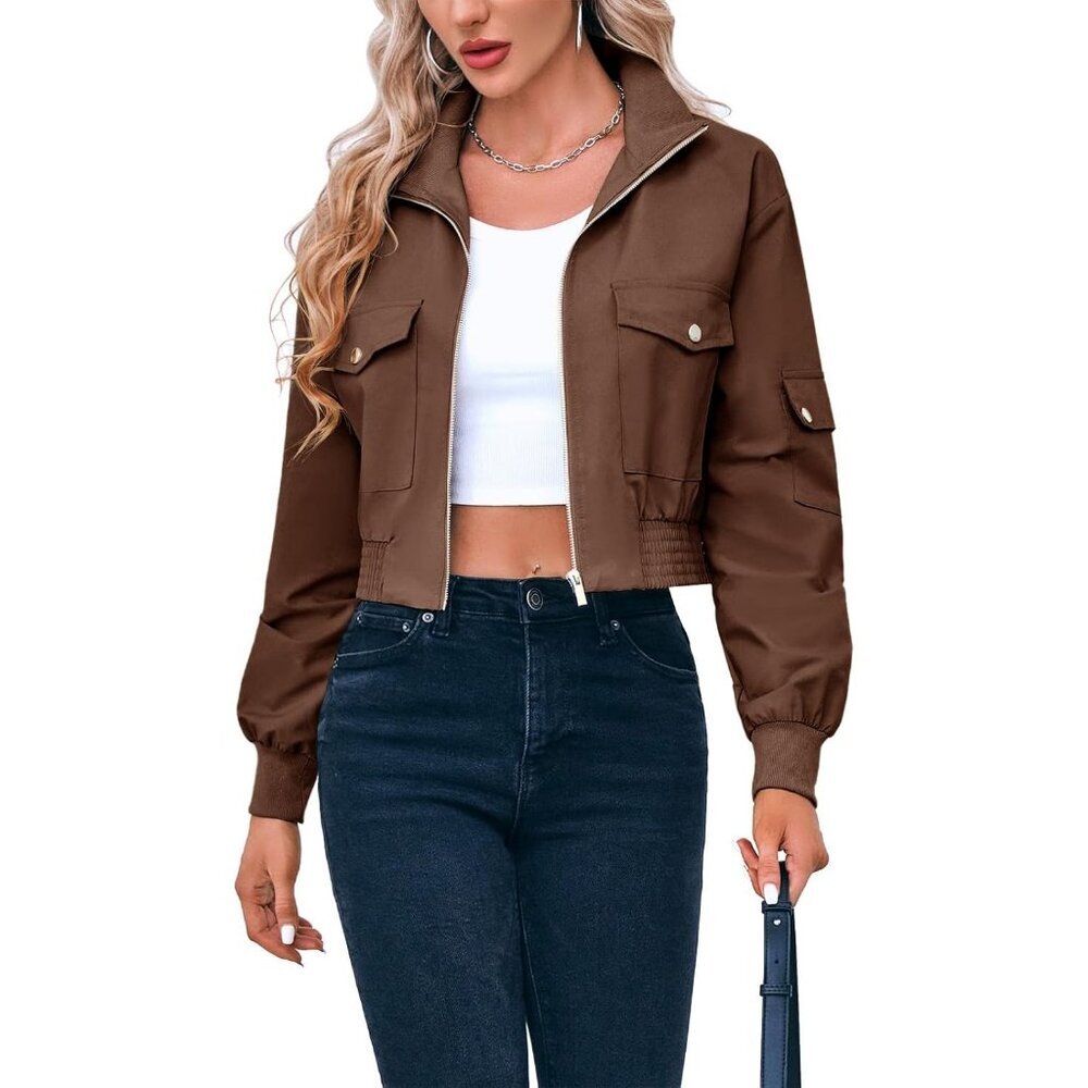 Women's Brown Short Bomber Jackets Stand Collar Zip Up Long Sleeve Lightweight